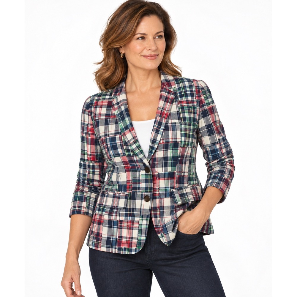 Talbots Petites Multi Color Patchwork Plaid Blazer Jacket Preppy Academic LP